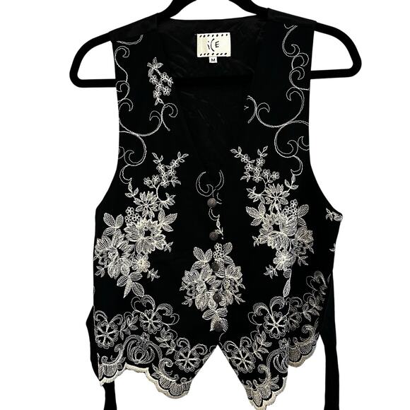 Vintage ICE Black Floral Embroidered Vest Medium Button Front Tie Back - Picture 5 of 13